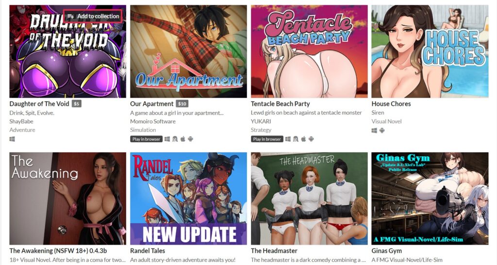 Browsing for Adult Games Itch.io